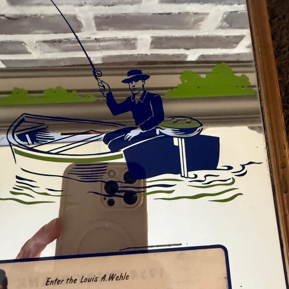 VTG 1954 Louis A. Wehle Fishing Contest Prize Mirror Bass Pinup Art 22x12 RARE